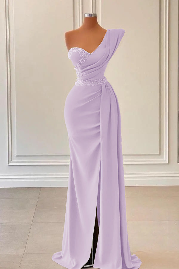 Sage One-Shoulder Split Mermaid Prom Dress With Beadings PD0781