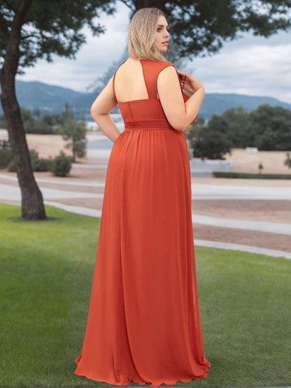 A Line/Princess Deep V-Neck Sleeveless Floor-Length Plus Size Bridesmaid Dresses with Beads