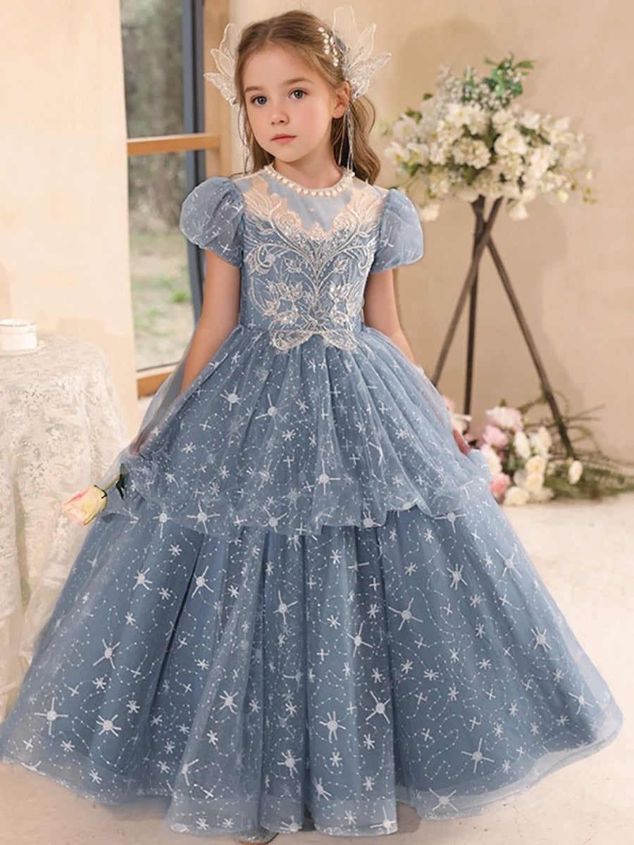 Short Sleeves Ball Gown Beading Round Neck Girl Party Dress with Rhinestones