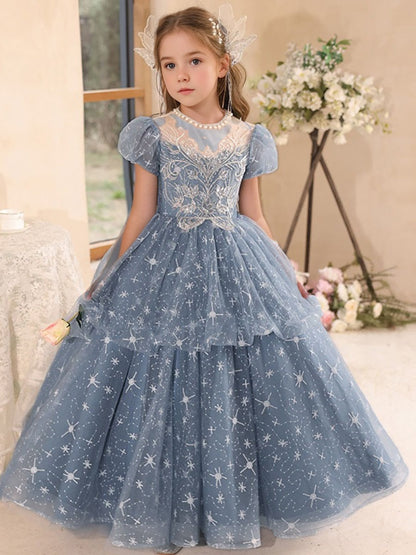 Short Sleeves Ball Gown Beading Round Neck Girl Party Dress with Rhinestones