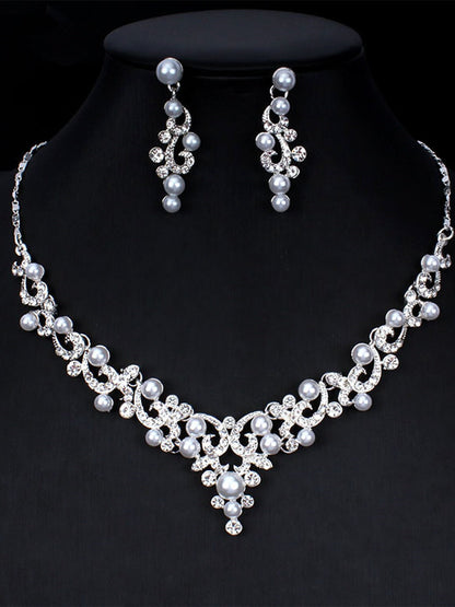 1 set Pearl Rhinestone Jewelry Earrings Necklace For Women's Wedding Pendant Necklace Set