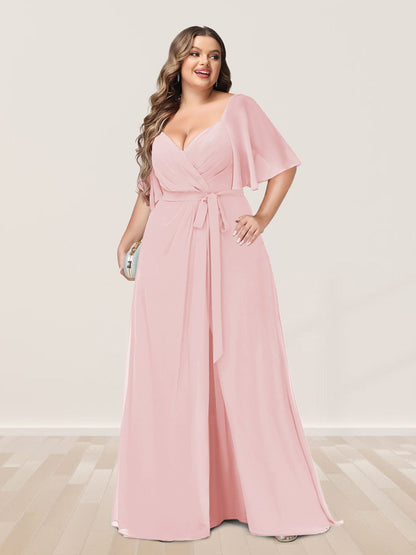 A-Line/Princess V-Neck Half Sleeves Plus Size Bridesmaid Dresses with Split Side