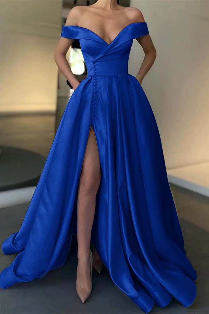 Off-the-Shoulder Long Split Prom Dress PD0386