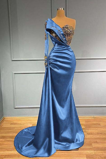 edgynewlook Dark Blue Long Sleeve One Shoulder Mermaid Prom Dress With beads