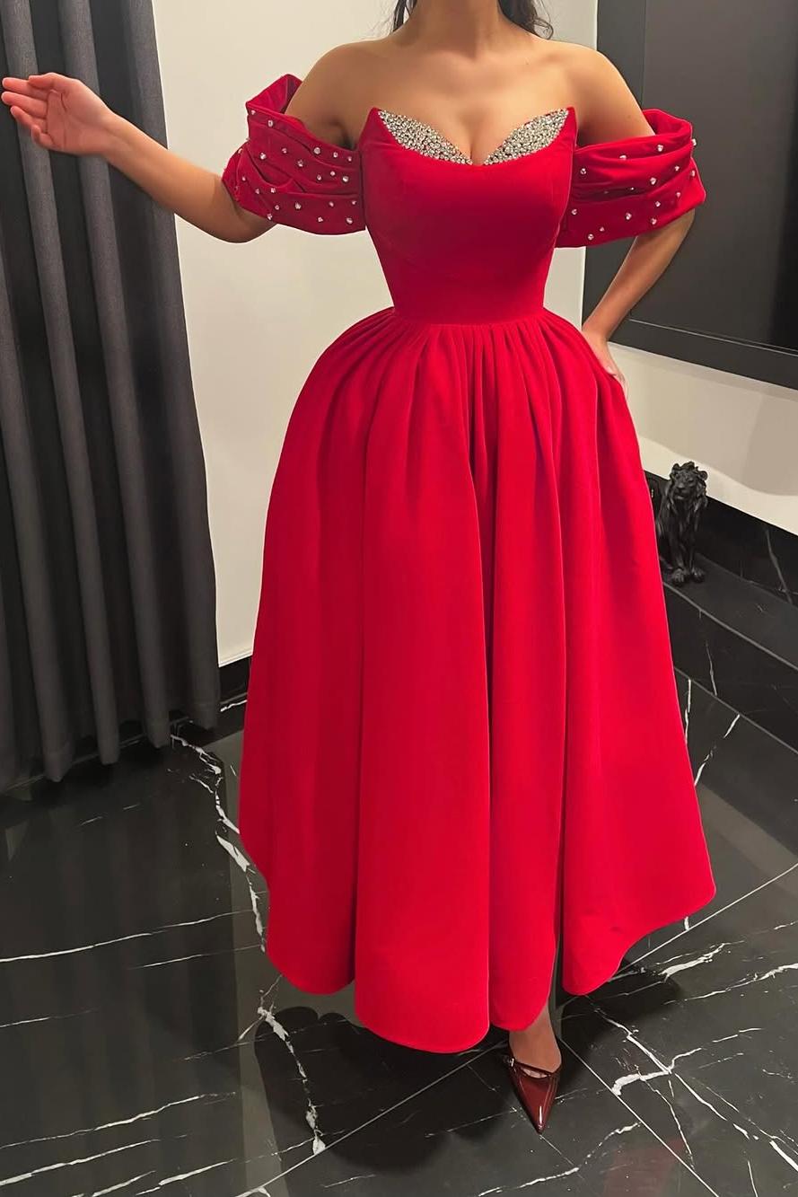 edgynewlook Beautiful Red Sweetheart Off the Shoulder Strapless A Line Prom Dress with Beadings