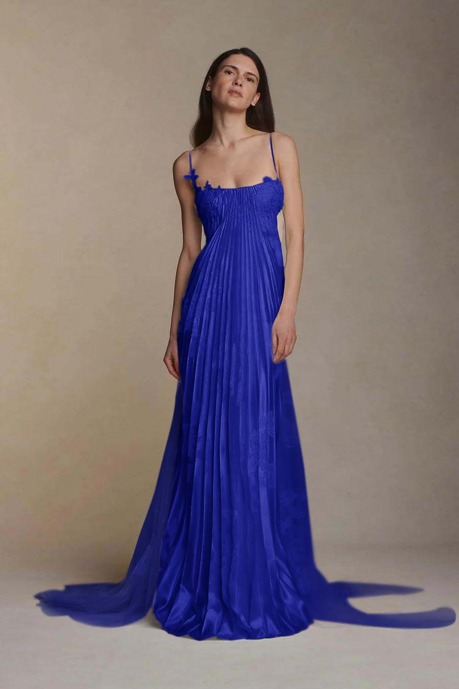 Stunning Spaghetti-Straps Pleated Sheath Appliques Prom Dress With Detachable Train XJ0176