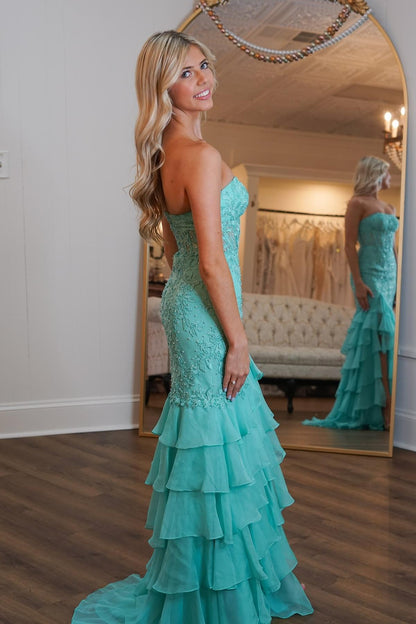 edgynewlook Charming Green Chiffon Sleeveless Strapless Applique Prom Dress with Ruffles