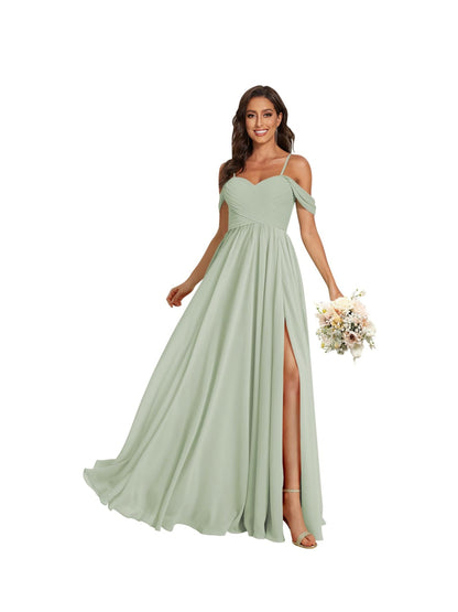 A Line /Princess Off Shoulder Sweetheart  Sleeveless Floor Length Bridesmaid Dresses Chiffon with Pockets Slit