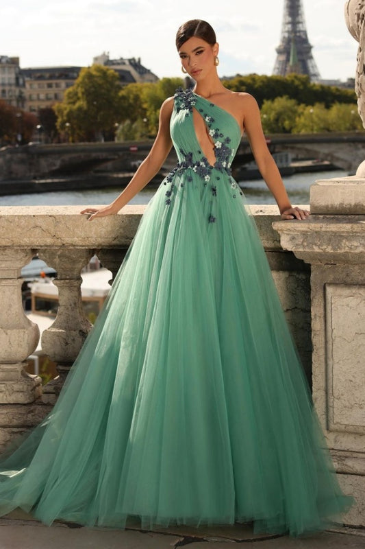 One Shoulder Green Prom Dress A Line V Neck Pleated YH0036