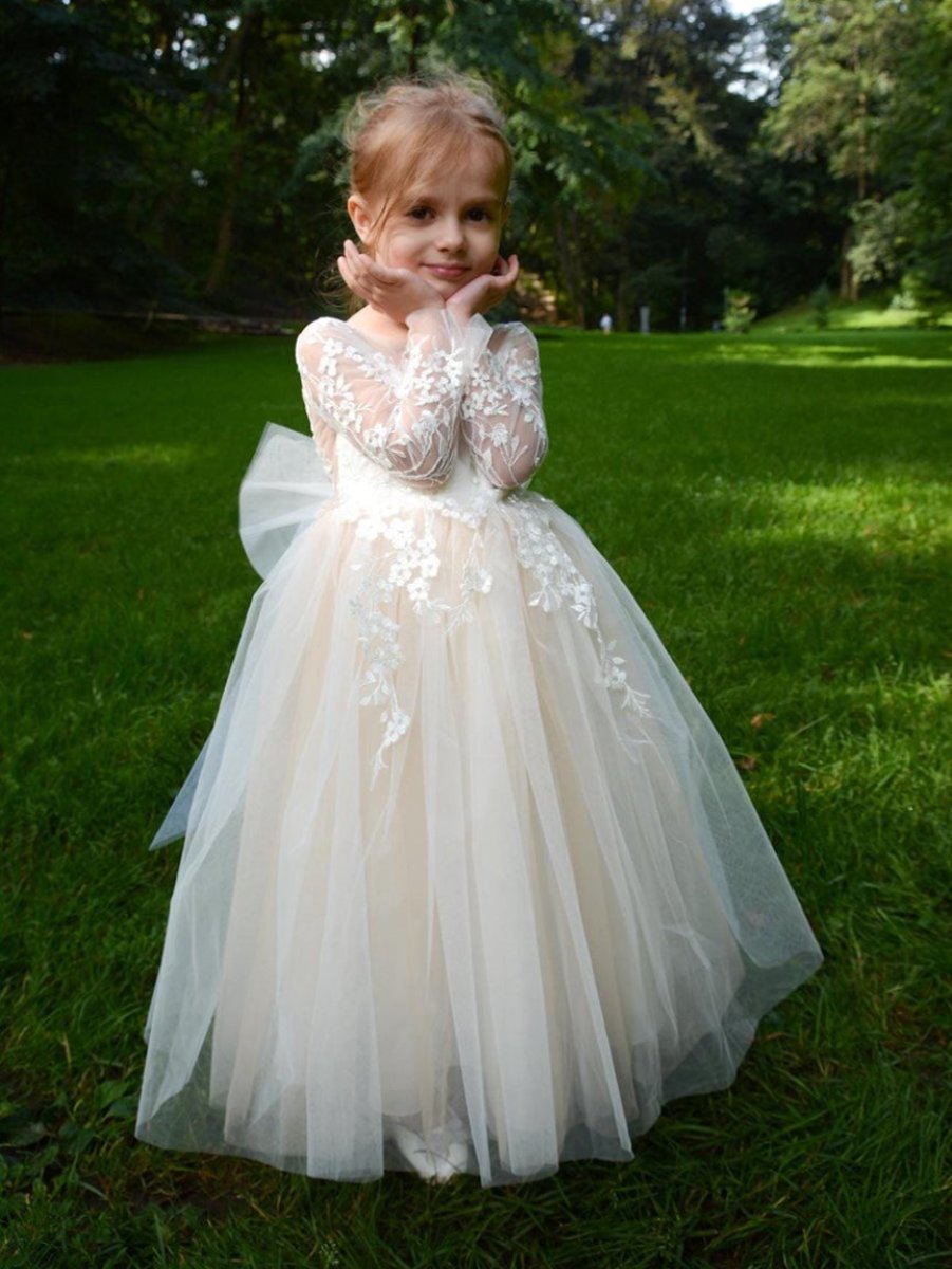 Ball Gown Round Neck Long Sleeves Flower Girl Dresses with Appliques