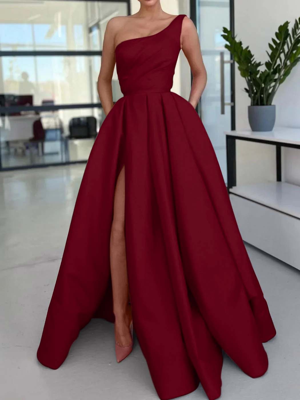 Simple One Shoulder Pink Long Prom Dress High Slit A Line Pleated Formal Dress YH0080