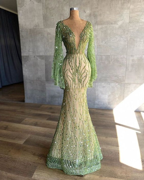 edgynewlook Charming Green Mermaid Beaded Prom Dress Long Sleeves With Sequins