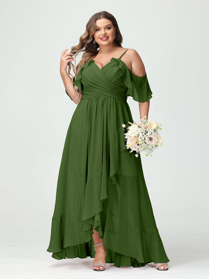 A-Line/Princess/Princess Spaghetti Straps V-Neck Short Sleeves Chiffon Asymmetrical Plus Size Bridesmaid Dresses with Ruffles