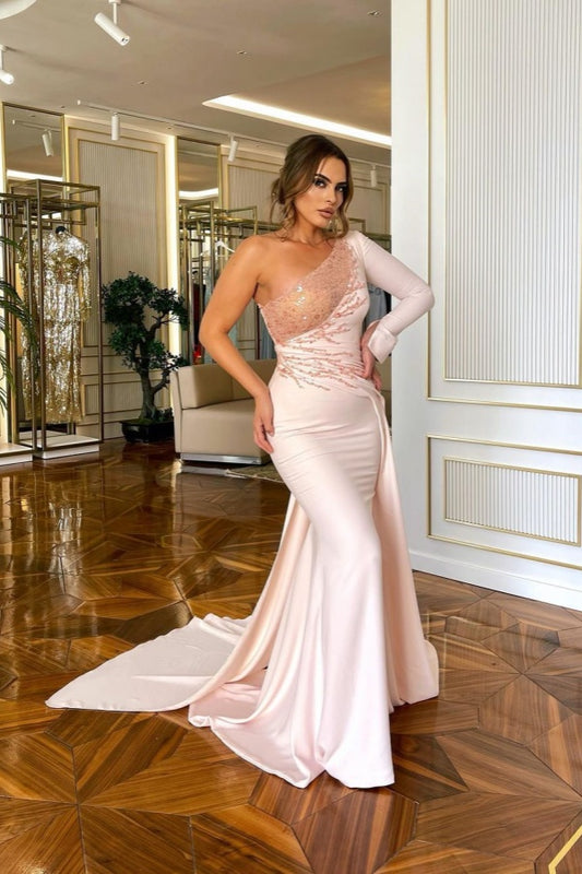 Light Pink One Shoulder Prom Dress Long Mermaid Sequin Applique YH0062