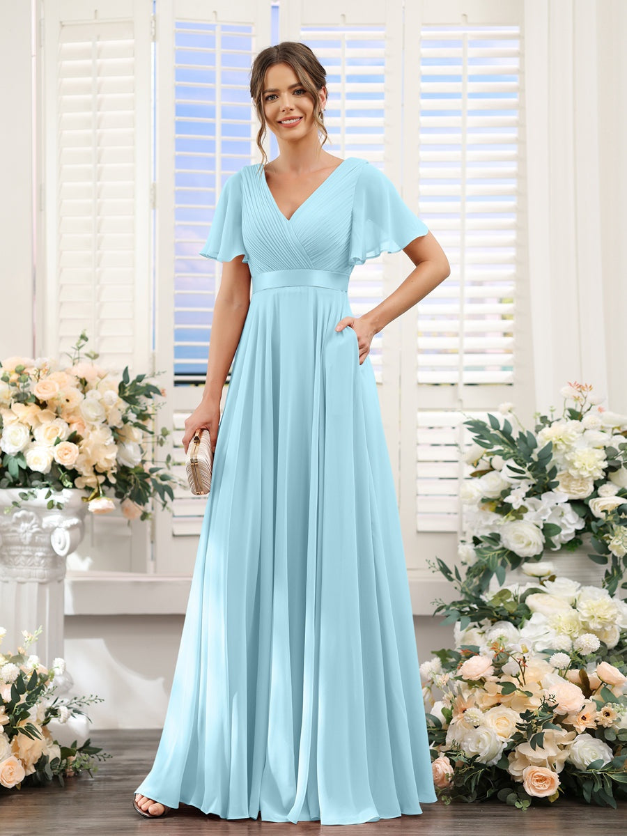 A-Line/Princess V-Neck Short Sleeves Chiffon Bridesmaid Dresses with Pockets