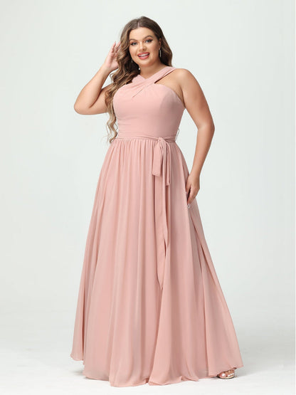 A-Line/Princess/Princess Criss Cross Sleeveless Chiffon Plus Size Bridesmaid Dresses with Sash