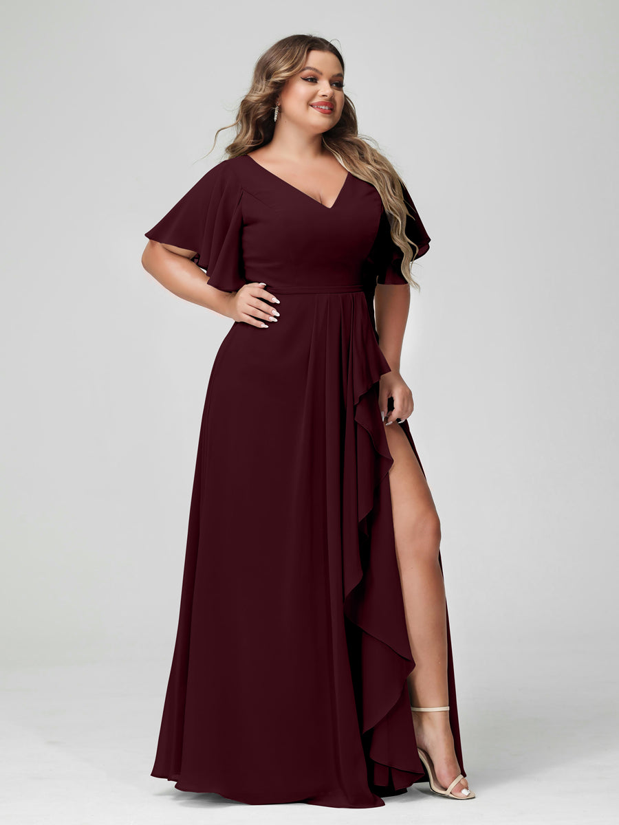 A-Line/Princess V-Neck Half Sleeves Chiffon Plus Size Bridesmaid Dresses with Split Side & Ruffles