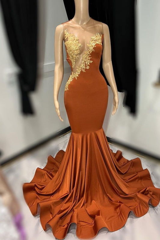 Sleeveless Tulle With Appliques Mermaid Brown Long Prom Dress YL0074