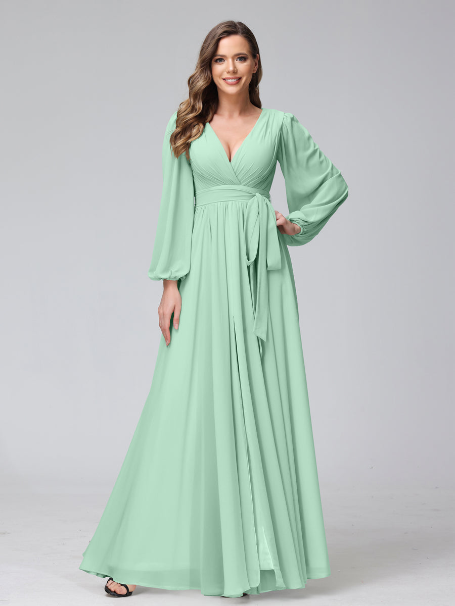 A-Line V-Neck Long Sleeves Chiffon Long Bridesmaid Dresses With Ruffles Split Side