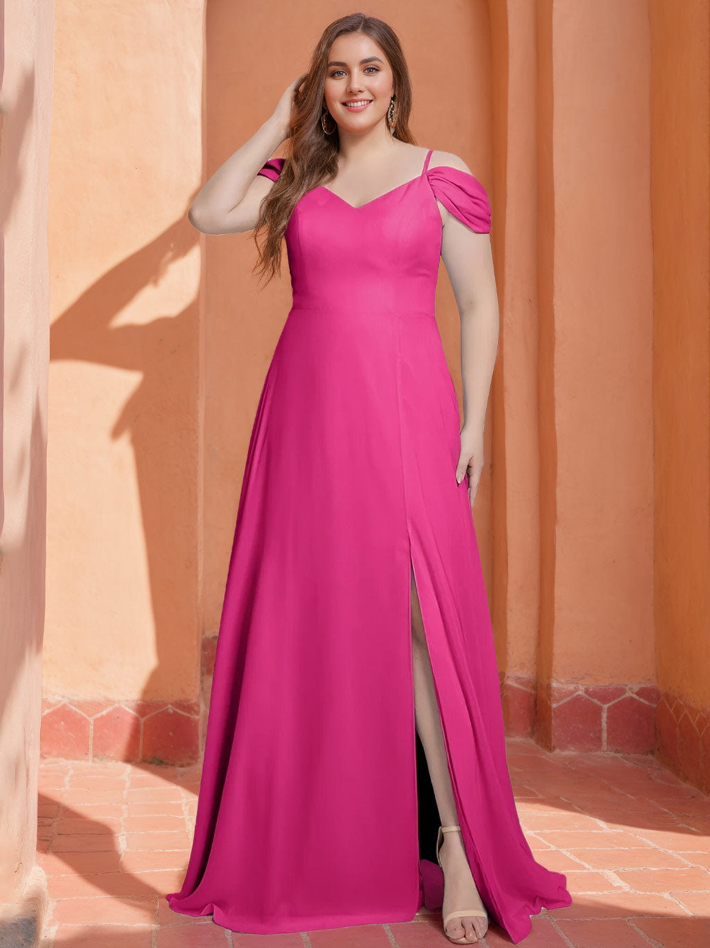 A-Line/Princess Spaghetti Straps V-Neck Sleeveless Floor-Length Plus Size Chiffon Bridesmaid Dresses with Split Side