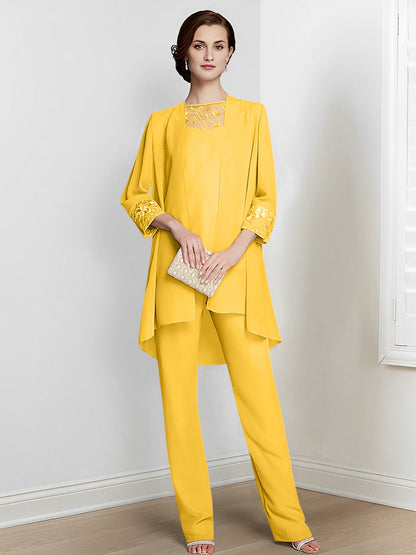 Chiffon Square Neck Long Sleeves Floor-Length Mother Of The Bride Pantsuits With Jacket