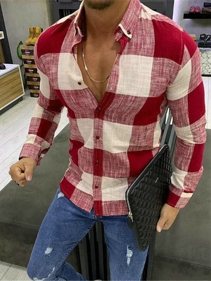 Men's Casual Cotton Blend Long Sleeves Plaid Color Block Shirt