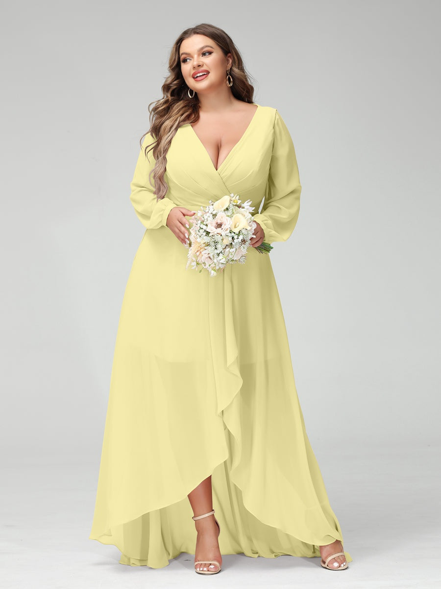 A-Line/Princess V-Neck Long Sleeves Asymmetrical Plus Size Bridesmaid Dresses with Pockets