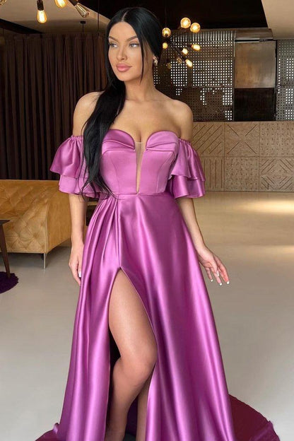 edgynewlook Chic Purple Satin Off the Shoulder Strapless Split Prom Dress with Ruffles