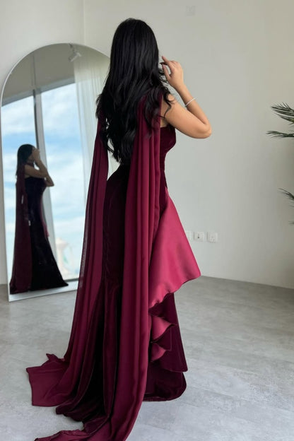 edgynewlook Burgundy Strapless Velvet Long Prom Dress Sleeveless