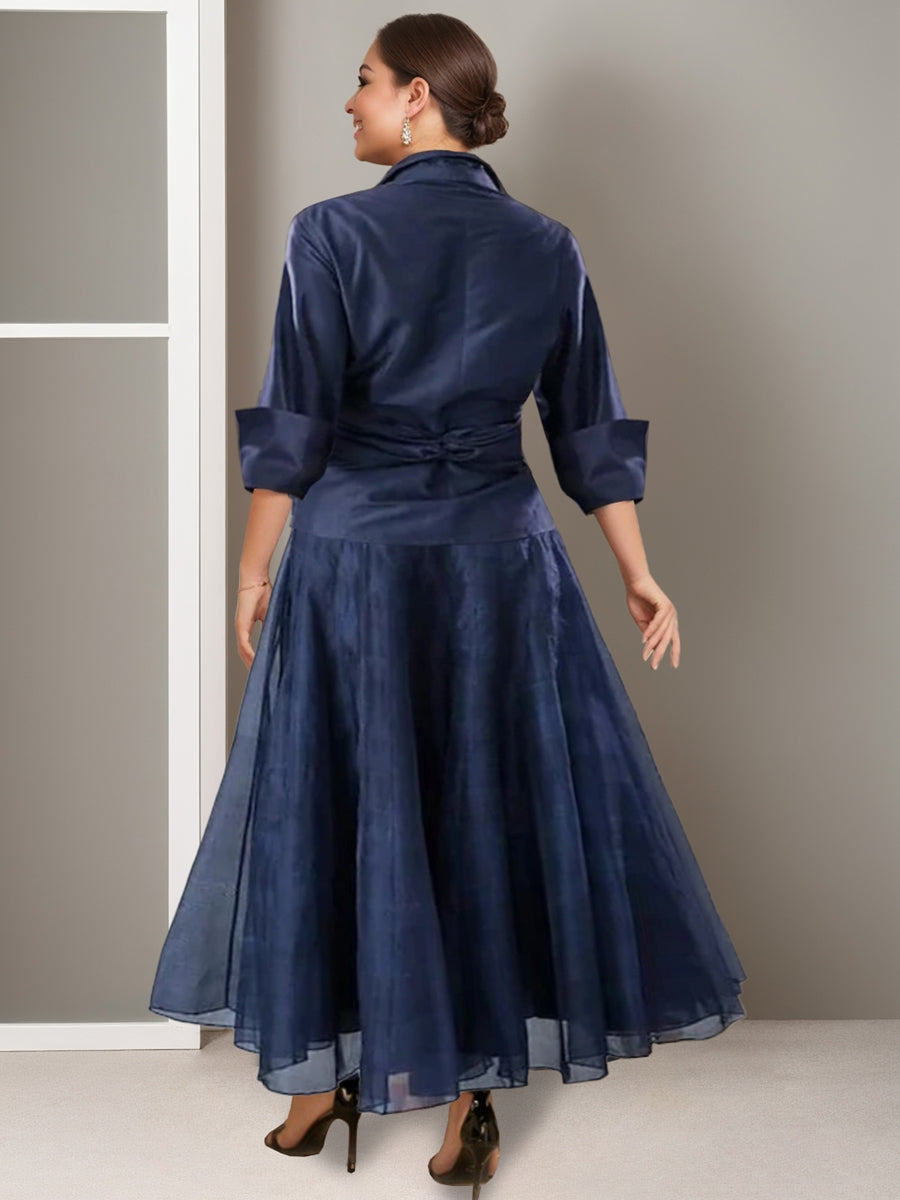 A-Line/Princess V-Neck Half Sleeves Ankle Length Plus Size Ruched Mother of the Bride Dresses