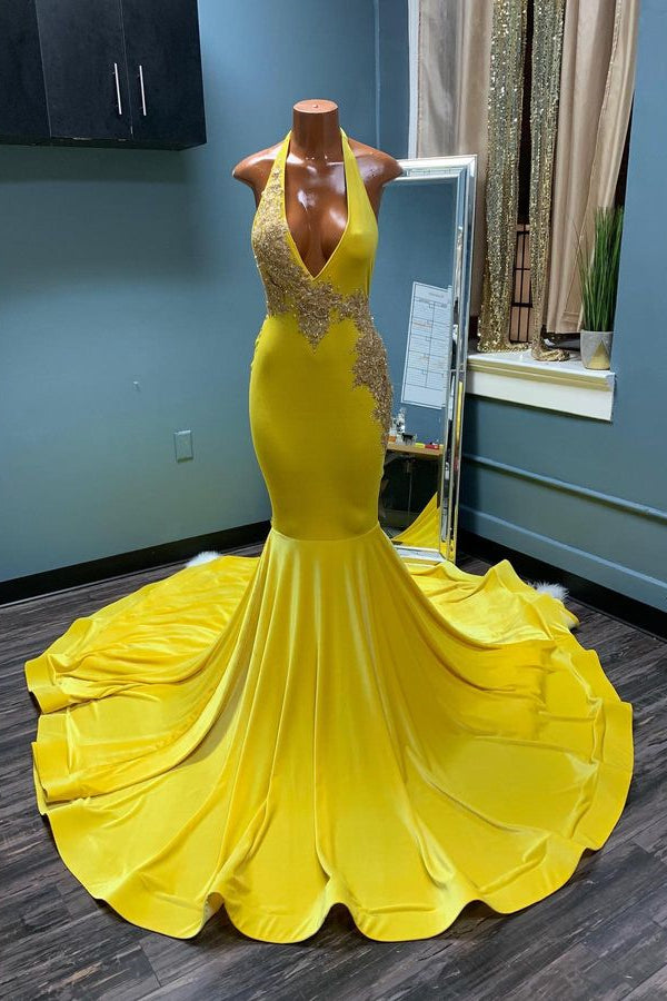 edgynewlook Mermaid Yellow Halter Classic Prom Dress With Appliques