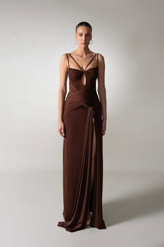 Chocolate Spaghetti-Straps Split Pleated Summer Prom Dress ZT0634