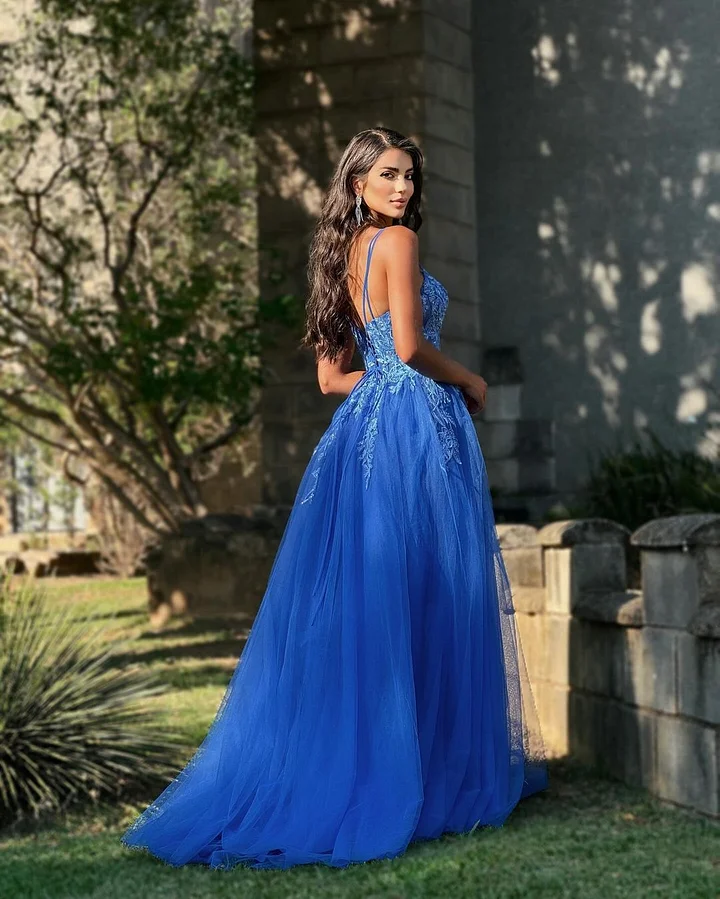 Blue Embroidered Spaghetti Straps Tulle Prom Dress ZT0087