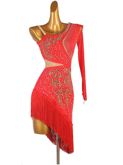 Latin Dance Dress Fringed Tassel Split Joint Crystals/Rhinestones Women‘s Performance Training Long Sleeve