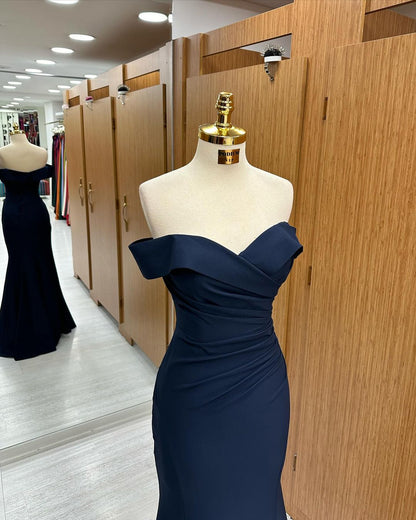 Long Mermaid Prom Dress Navy Blue  Off-the-shoulder Sweetheart Sleeveless YL0305