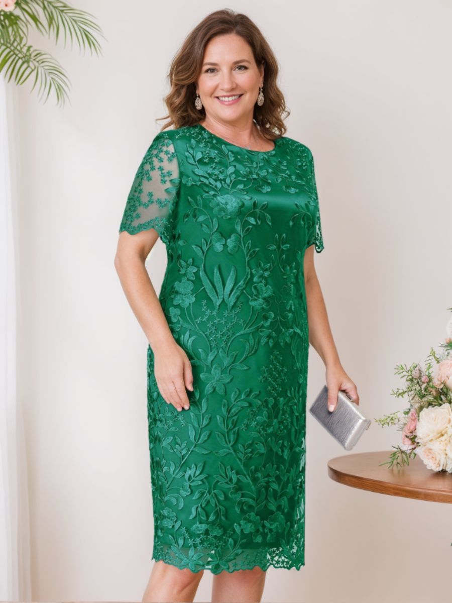 Sheath/Column Scoop Short Sleeves Tea-Length Plus Size Mother of the Bride Dresses with Appliques