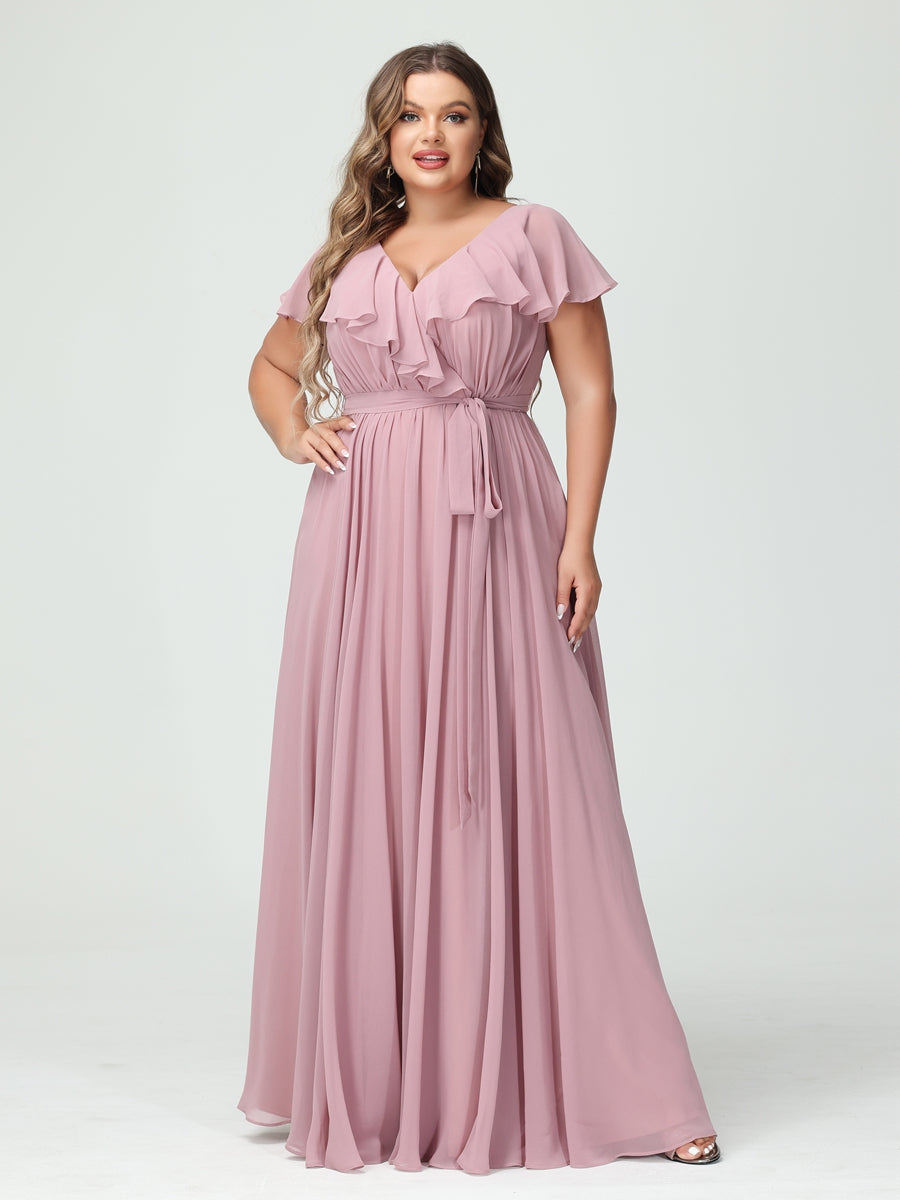 A-Line/Princess V-Neck Short Sleeves Chiffon Plus Size Bridesmaid Dresses With Pockets,Ruffles  ,Ruched & Split Side