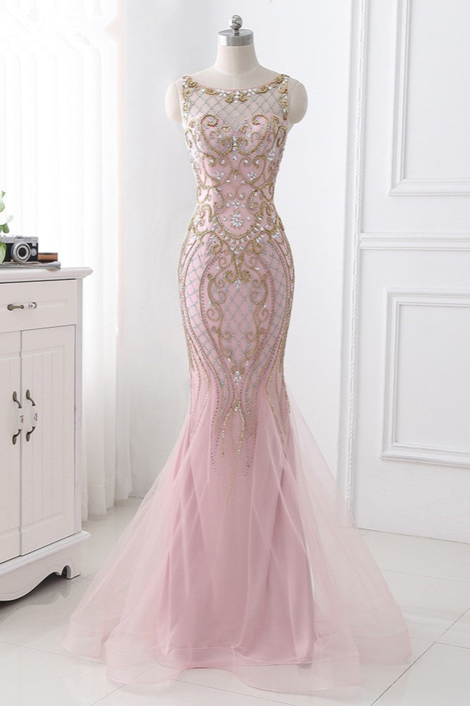 Edgynewlook Pink Jewel Sleeveless Prom Dress Mermaid with Beadings Rhinestone