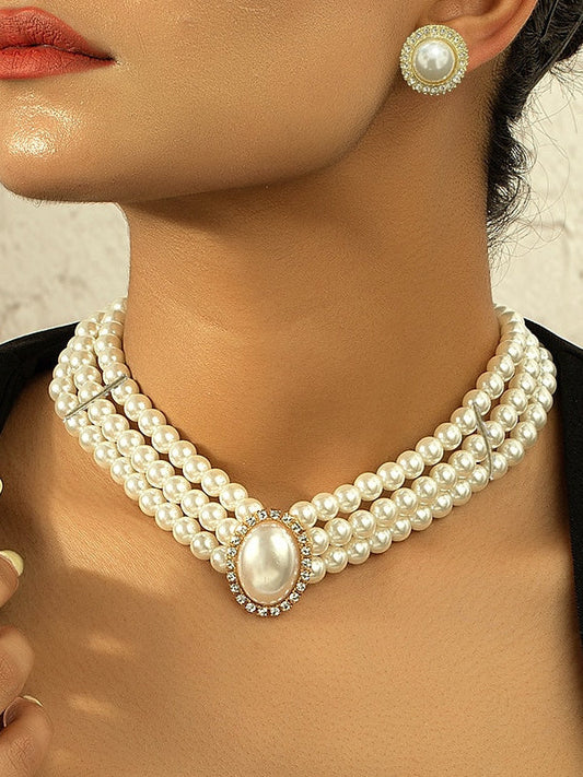 1 set Imitation Pearl Rhinestone Jewelry Earrings Necklace For Women's Wedding Gemstone Pendant Necklace Set