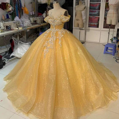 Yellow applique shiny sweet 16-year-old long Belle princess dress prom dress evening dress party dress wedding dress gh926