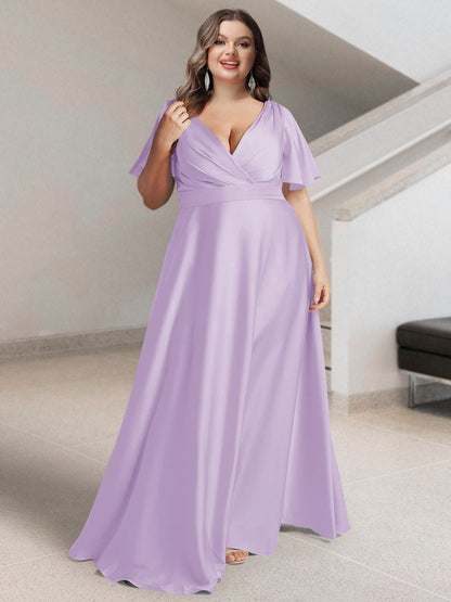 A-Line/Princess V-Neck Short Sleeves Silk Satin Plus Size Bridesmaid Dresses with Pockets