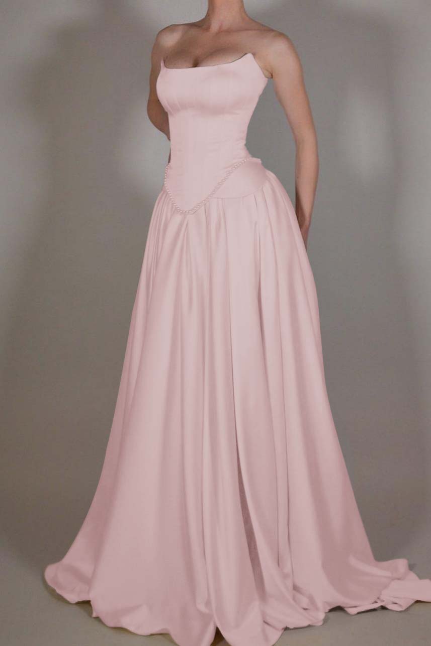 edgynewlook Exquisite Satin Ivory Sleeveless Strapless Long Pleated Prom Dress with Beadings