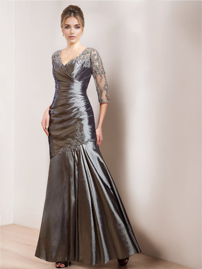 Trumpet/Mermaid V-Neck 3/4 Length Sleeves Floor-Length Unique Mother of the Bride Dresses With  Appliques & Ruching