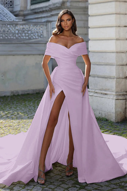 White Split Off-The-Shoulder Long Strapless Prom Dress With Detachable Trail ZT0240