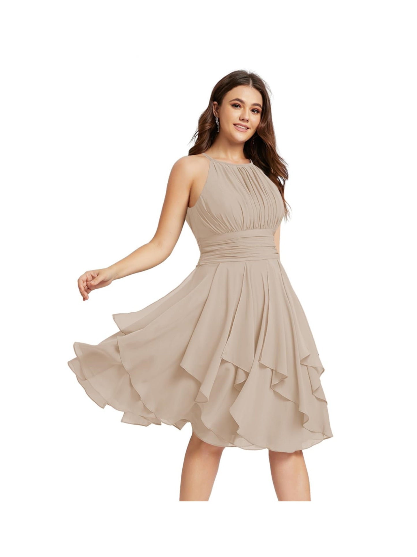 A Line/Princess Halter  Sleeveless Short/Mini  Bridesmaid Dresses Chiffon Ruffle Pleated Pockets