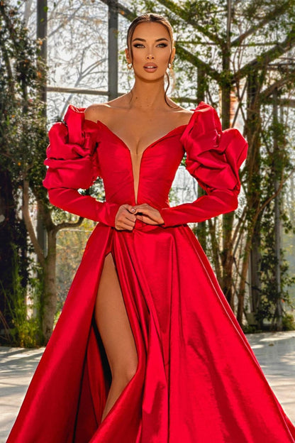 Sexy Prom Dress Red V Neck Bubble Sleeves With Slit YL0181