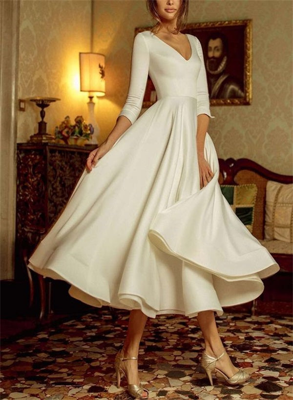 A-Line/Princess V-Neck Tea-Length Wedding Dress