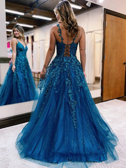 Veronica |A Line Ink Blue Glitter Tulle Lace Prom Dress