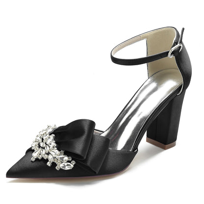 Women's Wedding Shoes Silk Satin Rhinestone Chunky Pointed Toe Buckle Bridal Shoes