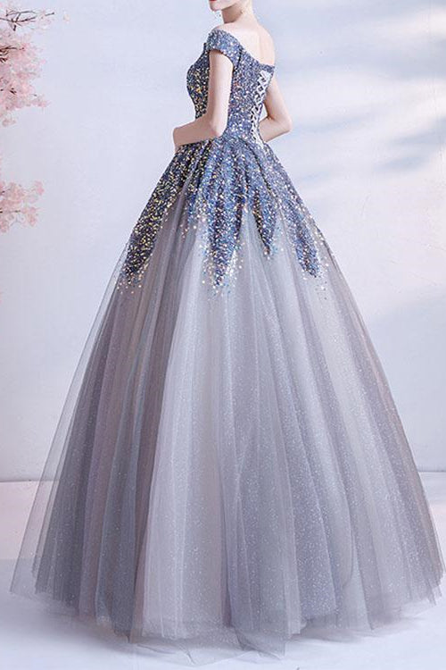 Edgynewlook Gorgeous Off-The-Shoulder Long Ball Grown Prom Dress With Sweetheart Sequins